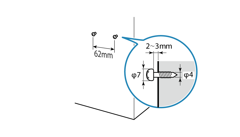 兩螺絲間距離62 mm 螺帽與牆壁間留2 到3 mm 的空間，螺帽直徑大於φ7mm。